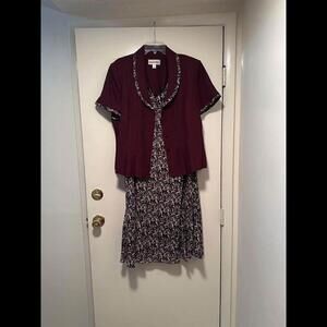 Elegant Women's Two-Piece Dress Set with Cardigan - Floral and Burgundy